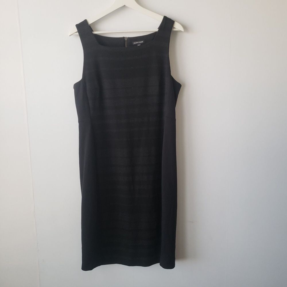 Eileen Fisher womens striped Dress size 12 Square Neck Ponte Sheath Black & Gray